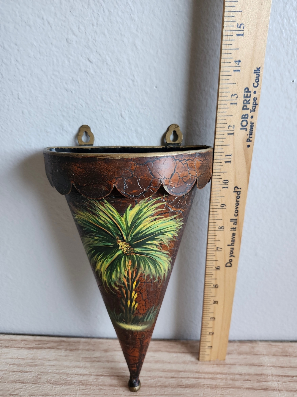 Vintage Three Hands Corp Palm Tree Metal Cone Wall Pocket